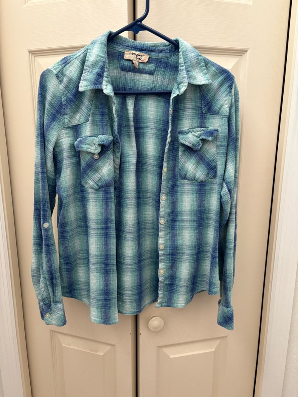 Triple Five Soul Blue Green Plaid Button-Down Shirt